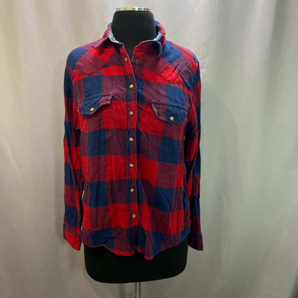 Jachs Girlfriend Bea Flannel Shirt Womens Small Red Blue Plaid Button Up Western